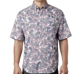 Columbia Men's PFG Super Tamiami Short Sleeve Shirt in Fish Wave Print Sz 2XL